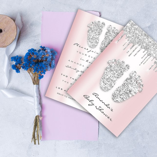 Convite Glitter Coloca Cinza Rosa Pidente Chá Garota (Glitter Drips Pink Gray Baby Girl Shower Feet Invitation)