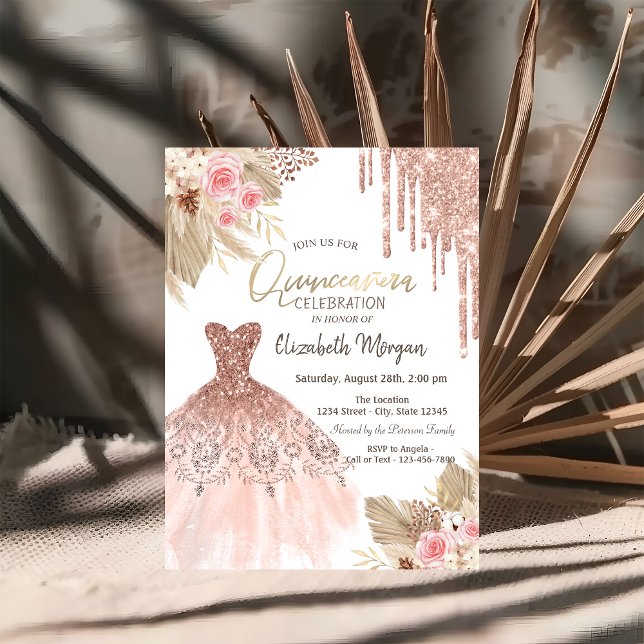 Convite Glitter Coloca Flores de Boho Quinceañera (Criador carregado)