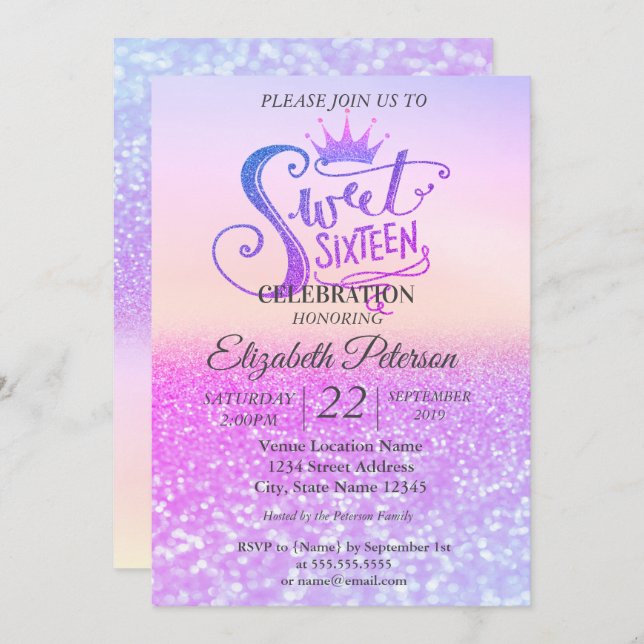 Convite Glitter Colorful Bokeh Ombre, Tiara Sweet 16 Party (Frente/Verso)
