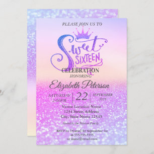 Convite Glitter Colorful Bokeh Ombre, Tiara Sweet 16 Party