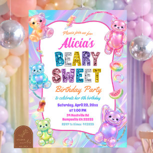 Convite Glitter Colorido Arco-Íris Beary Doce Aniversário