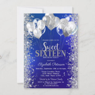 Convite Glitter Confetti Balões Marinho Azul Sweet 16