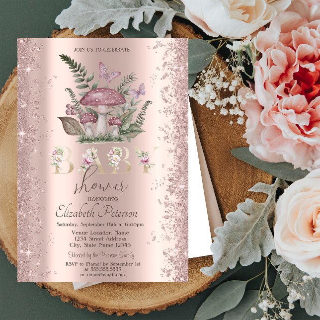 Convite Glitter Confetti Cogumelos Borboletas Chá de frald (Criador carregado)