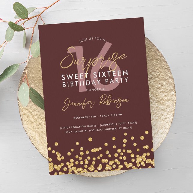 Convite Glitter Confetti Dourado Burgundy Sweet 16 (Burgundy Gold Glitter Confetti Surprise Sweet 16 Invitation)