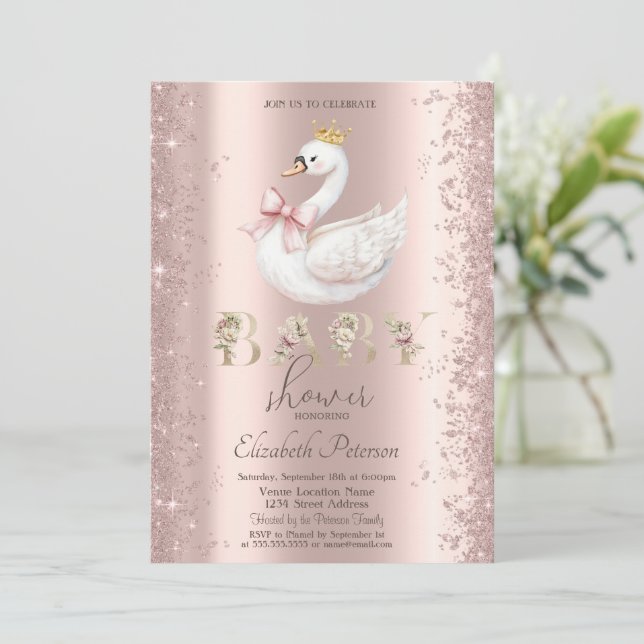 Convite Glitter Confetti Floral Swan Bow Baby Shower (Em pé/Frente)