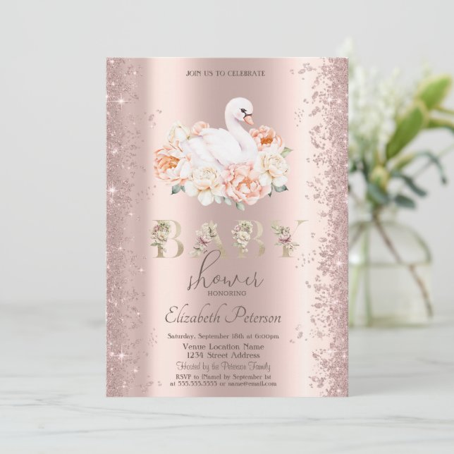 Convite Glitter Confetti Floral Swan Chá de fraldas (Em pé/Frente)
