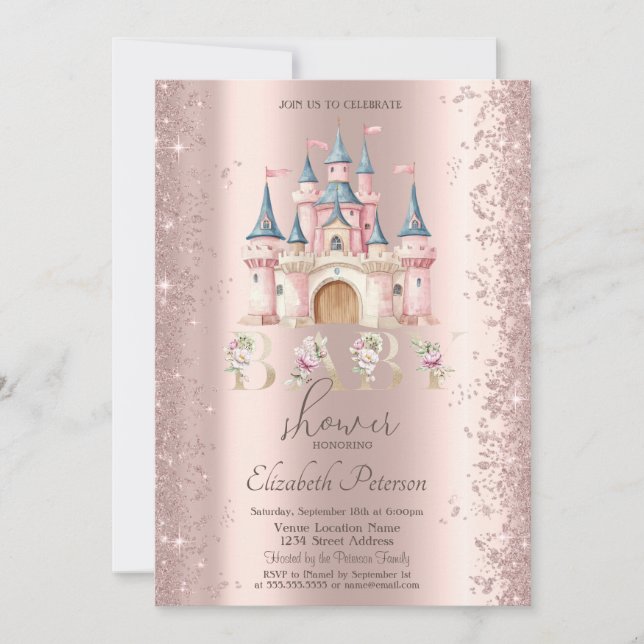 Convite Glitter Confetti Frame Chic Castle Baby Shower (Frente)