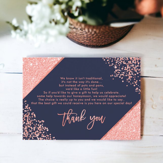 Convite Glitter coral confetti marinho obrigado de casamen (Coral glitter confetti navy blue wedding thank you invitation)