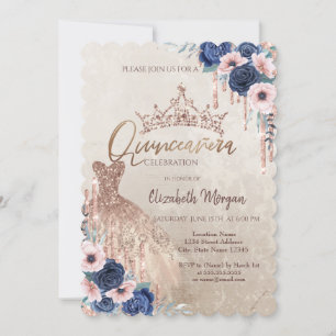Convite Glitter Coroa, Vestido, Rosas Azuis Quinceañera