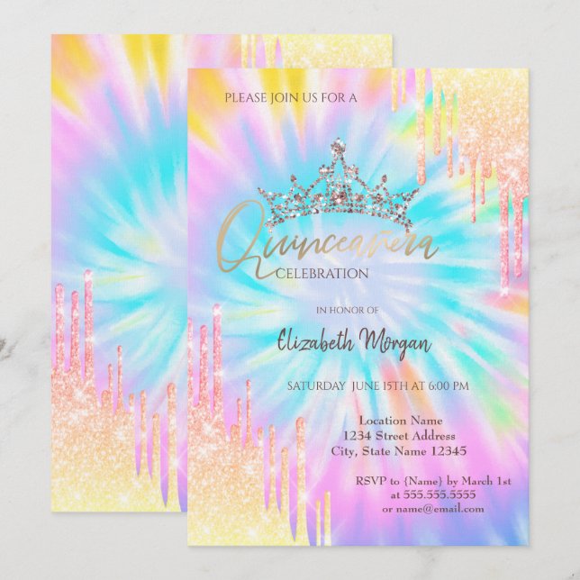 Convite Glitter Crítico Coroa Caída Tie Dye Quinceañera (Frente/Verso)
