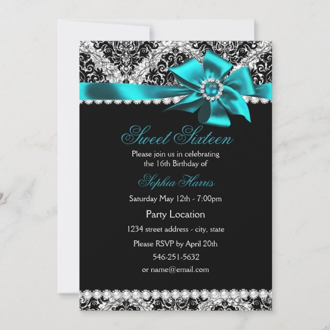 Convite Glitter Damask & Arco de Joia Azul Sweet 1 (Frente)