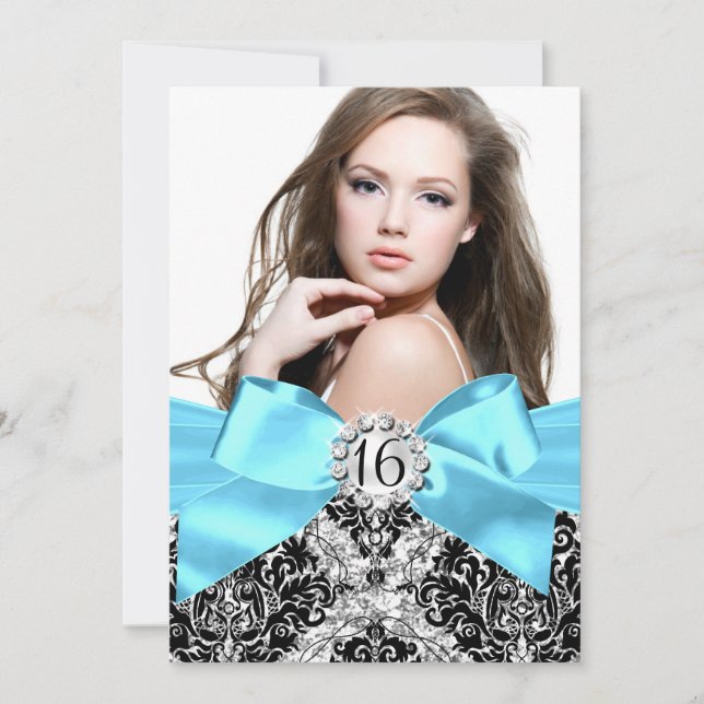 Convite Glitter Damask & Blue Arco Sweet 16 Photo Invite (Frente)