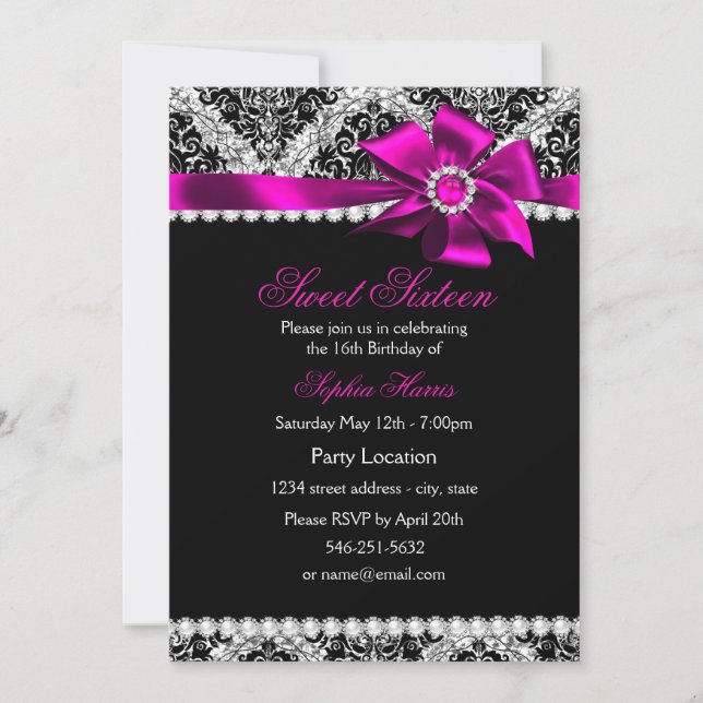 Convite Glitter Damask & Laço Jóia Rosa Sweet 16 (Frente)