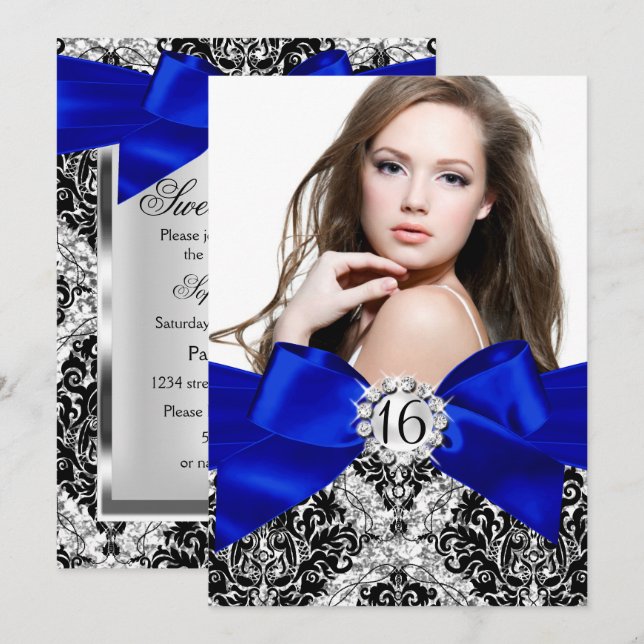 Convite Glitter Damask & Royal Blue Arco Sweet 16 Photo (Frente/Verso)