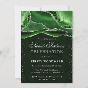 Convite Glitter de Ágata Verde e Prata Sweet Sixteen