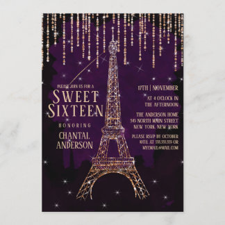 Convite Glitter de Aquarela Paris Torre Eiffel Sweet 16