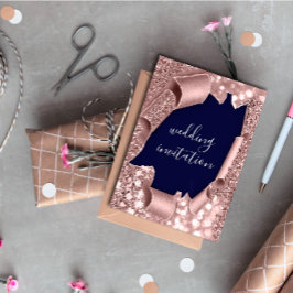 Convite Glitter de Casamento Dourado do Rosa 3D Marinho Az