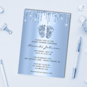 Convite Glitter de chá de fraldas Brilhante Azul Bebê Gota