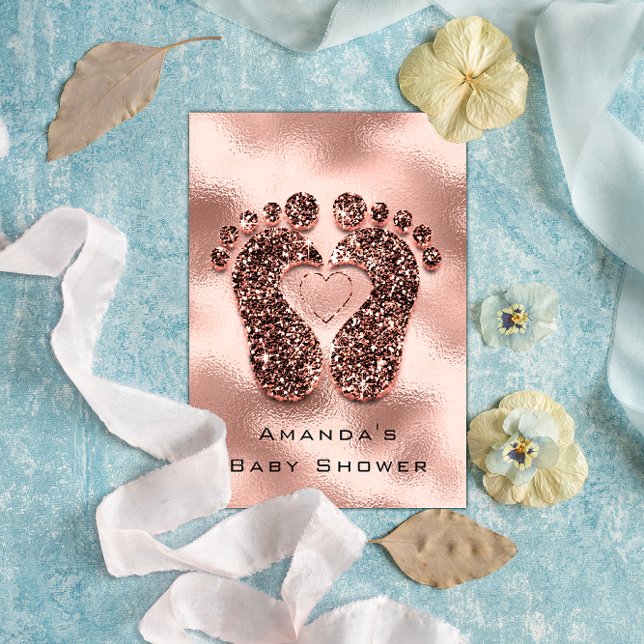 Convite Glitter de Chá de fraldas de brilho de Rosa de pin (Baby Shower New Girl Boy Feet Glam Rose Blush3D Invitation)