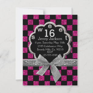 Convite Glitter de Checkerboard Rosa e Preto 16