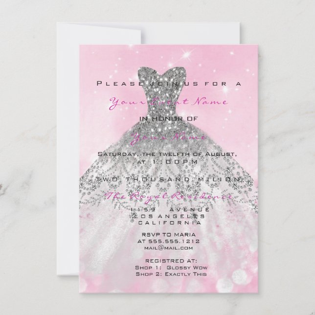 Convite Glitter de Colírio Rosa 16ª Cinza de Brida Prata (Frente)