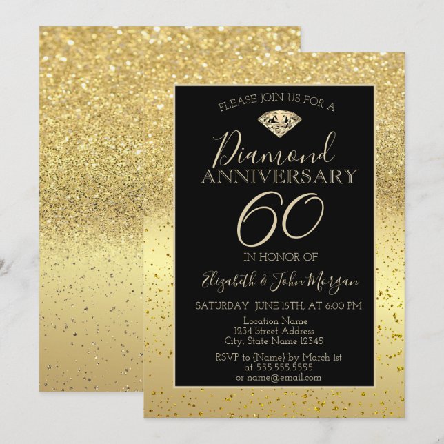 Convite Glitter de Diamante Confete Dourado  Aniversário d (Frente/Verso)