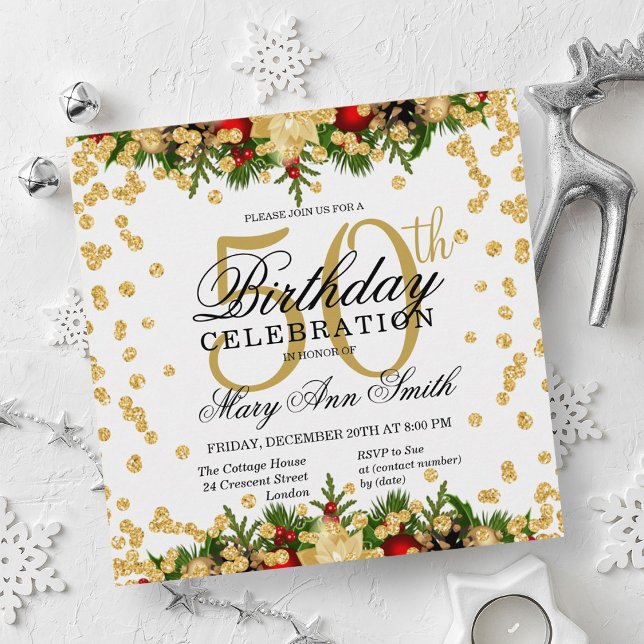 Convite Glitter de férias Dourado e vermelho Glam 50º aniv (Gold & Red Holiday Glitter Glam 50th Birthday Invitation)