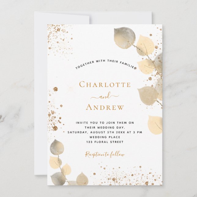 Convite Glitter de folhagem de ouro de eucalipto de casame (Frente)