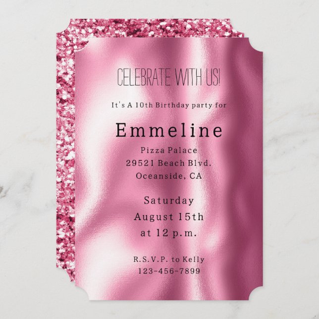 Convite Glitter de Grelha Rosa Girassol (Frente/Verso)