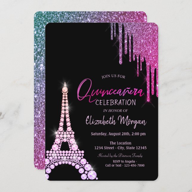Convite Glitter De Luxo Coloca A Torre Eiffel Quinceañera (Frente/Verso)