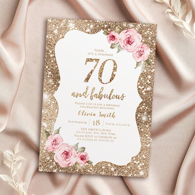 Convite Glitter de ouro brilhante e 70 floral rosa (Sparkle gold glitter and pink floral 70th birthday invitation)
