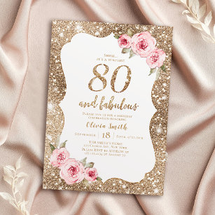 Convite Glitter de ouro brilhante e 80 floral rosa