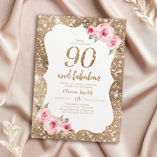 Convite Glitter de ouro brilhante e 90 floral rosa