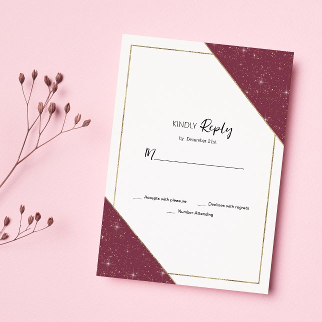 Convite Glitter de ouro burgundy geométrico RSVP (Geometric burgundy gold sparkle glitter RSVP)