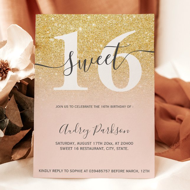 Convite Glitter de ouro chico pincelado - cinza rosa Doce  (Chic gold glitter blush pink girly Sweet 16 Invitation)