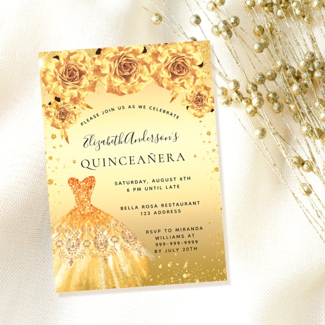 Convite Glitter de ouro de Quinceanera vestido floralmente (Criador carregado)