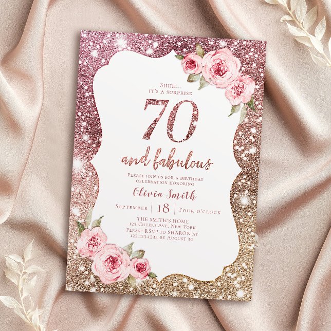 Convite Glitter de ouro de rosa Sparkle e 70 floral (Sparkle rose gold glitter and floral 70th birthday invitation)