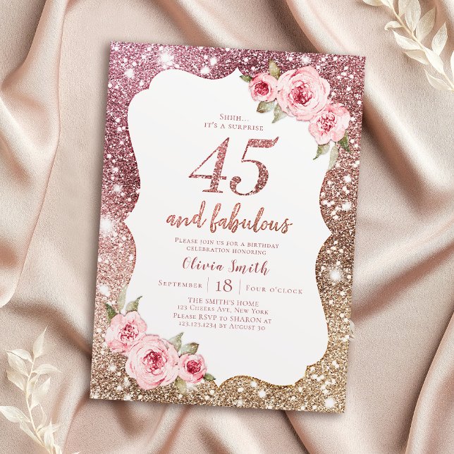 Convite Glitter de ouro de rosa Sparkle e aniversário flor (Sparkle rose gold glitter and floral 45th birthday invitation)