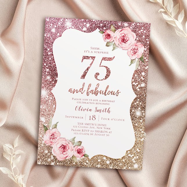 Convite Glitter de ouro de rosa Sparkle e aniversário flor (Sparkle rose gold glitter and floral 75th birthday invitation)