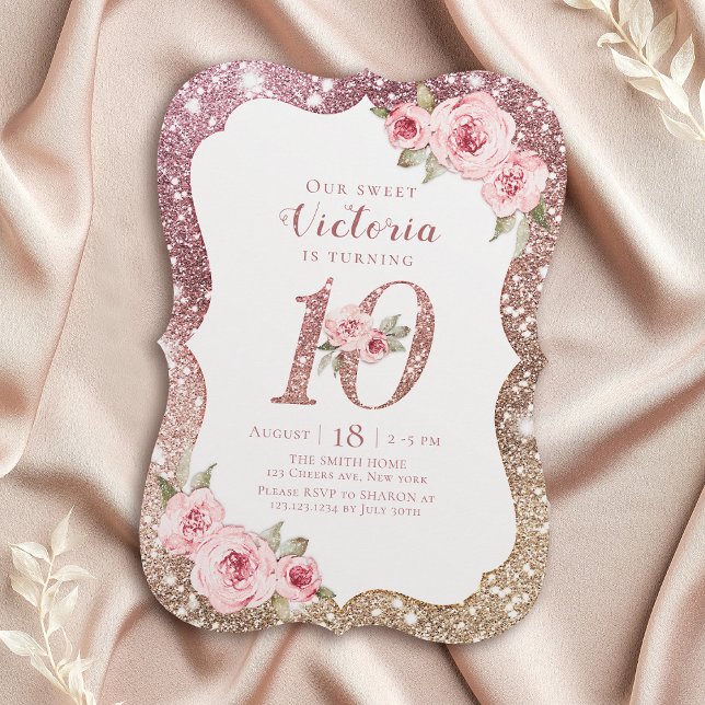 Convite Glitter de ouro de rosa Sparkle e aniversário flor (Sparkle rose gold glitter and floral 10th birthday invitation)