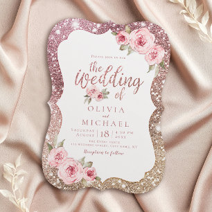 Convite Glitter de ouro de rosa Sparkle e casamento floral