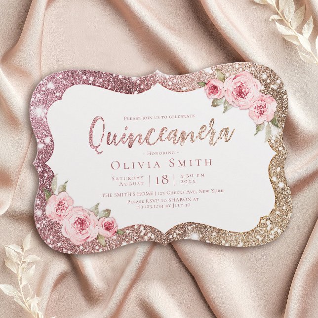 Convite Glitter de ouro de rosa Sparkle e Quinceanera flor (Sparkle rose gold glitter and floral Quinceanera Invitation)