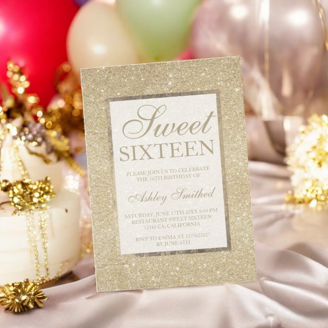 Convite glitter de ouro leve chic elegante Sweet 16 (light gold glitter modern elegant chic Sweet 16 Invitation)