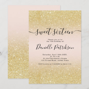 Convite Glitter de ouro quente brilha cor-de-rosa doce 16
