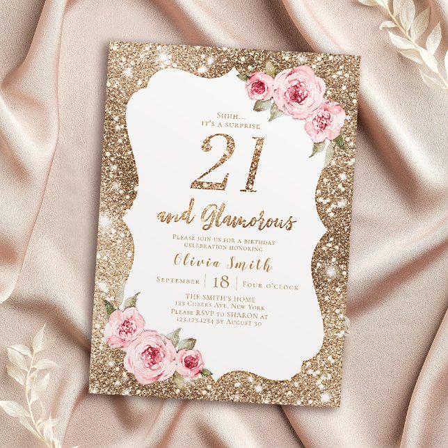 Convite Glitter de ouro rebatível e aniversário de 21 anos (Sparkle gold glitter and pink floral 21st birthday invitation)