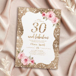 Convite Glitter de ouro rebatível e aniversário de 30 anos<br><div class="desc">Fundo brilhante de ouro azul e floral cor-de-rosa pincelado com script "30 e fabuloso" nos convites de festas central,  elegante e na moda,  aniversário de 30 anos excelente.</div>