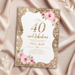 Convite Glitter de ouro rebatível e aniversário de 40 anos<br><div class="desc">Fundo brilhante de ouro azul e floral cor-de-rosa pincelado com script "40 e fabuloso" nos convites de festas central,  elegante e na moda,  aniversário de 40 anos excelente.</div>