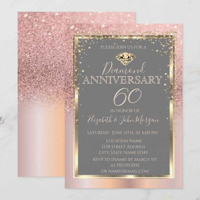 Convite Glitter de Ouro Rosa Diamantes Casamento Aniversár (Frente/Verso)