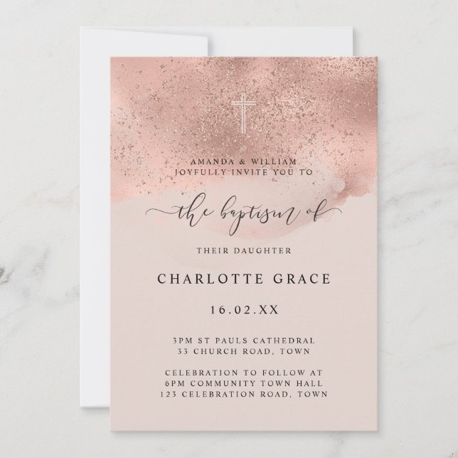 Convite Glitter de Ouro Rosa Script Batismo (Frente)