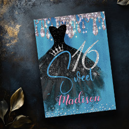 Convite Glitter de prata azul chic pinga doce 16